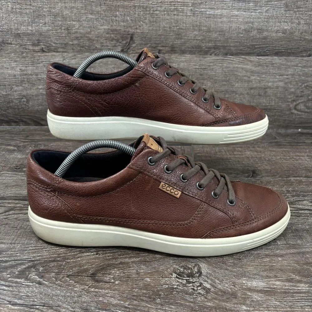 ECCO Soft 7 Shoes Men's 10 Brown Leather Casual Comfort Sneakers Low Top Lace Up